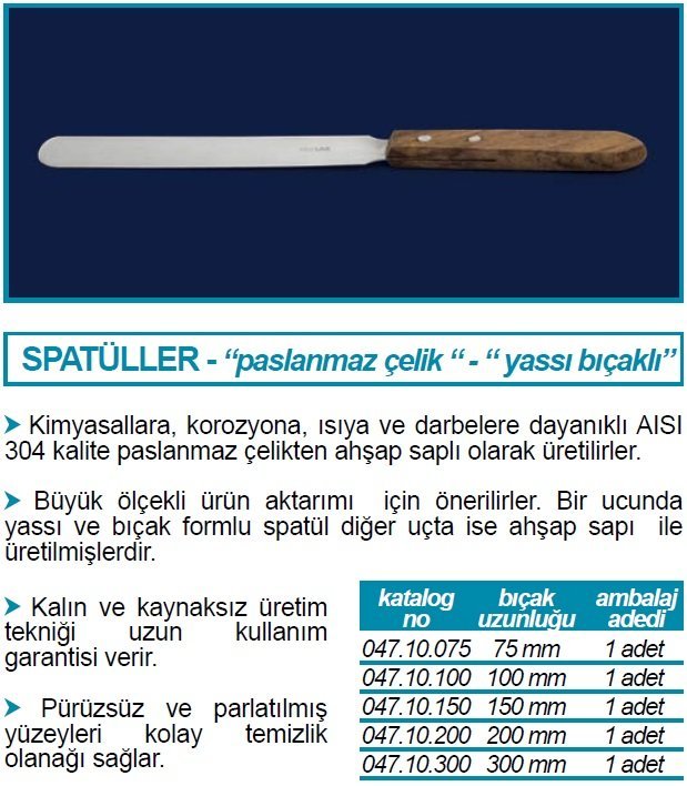 İSOLAB 047.10.075 spatül paslanmaz çelik düz bıçaklı